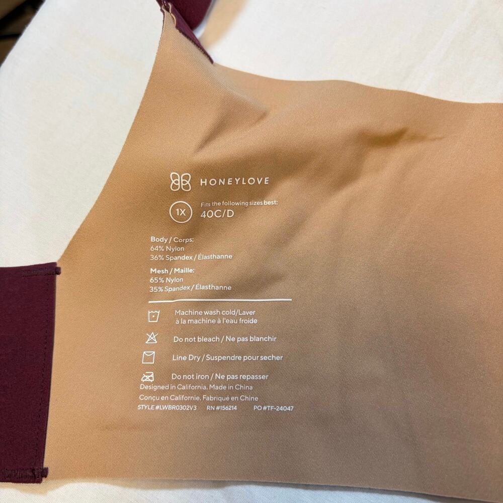 Honeylove crossover wireless bra. Wine color. Size 1X, 40 C/D. - Picture 3 of 5